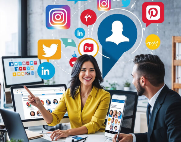 woman-man-sit-desk-with-laptops-word-facebook-wall